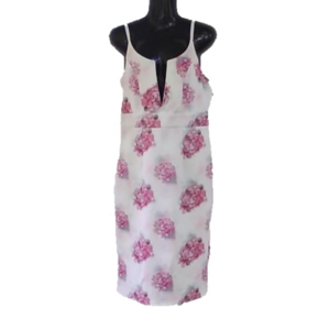 White with Pink Roses V-Plunge Knee Length Lined Chelsea Dress Size 8